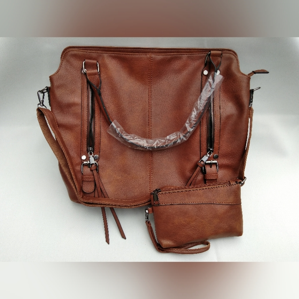 Brown Vegan Leather Hobo Bag Shoulder Purse Classic Cognac & Wristlet